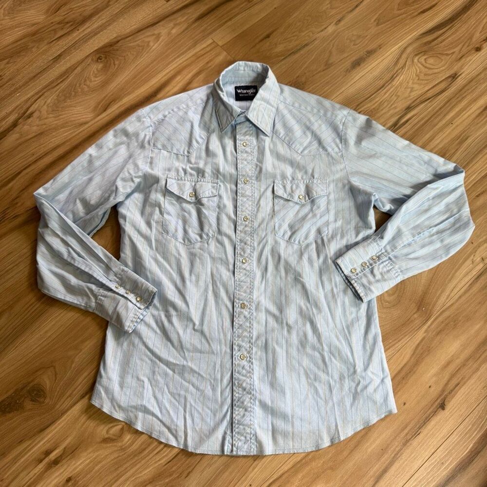 Wrangler Mens Blue Striped Pearl Snap Long Sleeve Western Shirt Size Medium
